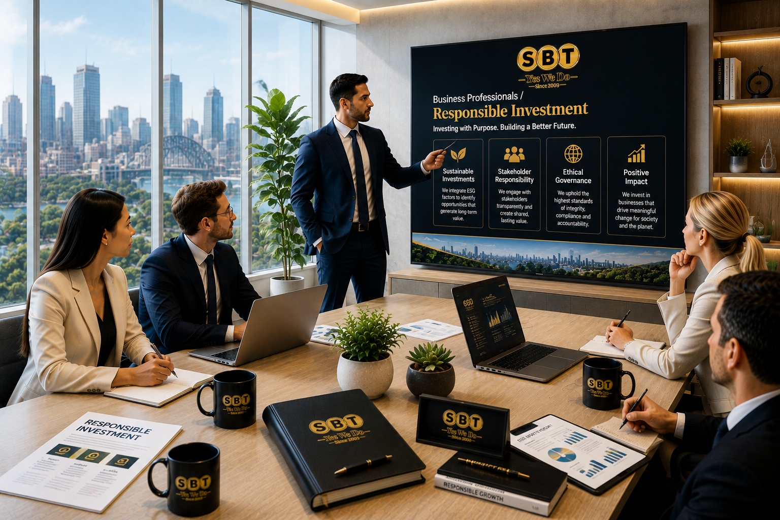 Business professionals collaborating on investment strategy