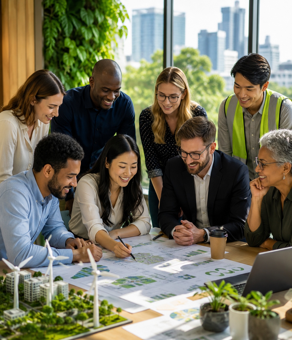 Professionals collaborating on a community and sustainability initiative